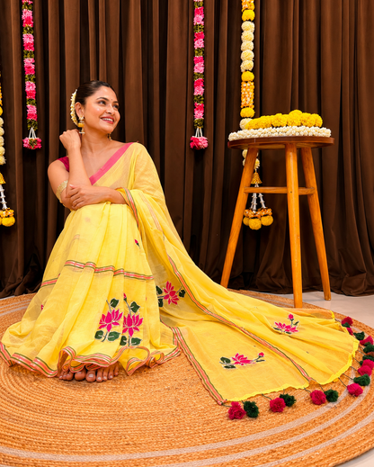 Sunshine Yellow Floral Mul Cotton Saree with Tassel Pallu
