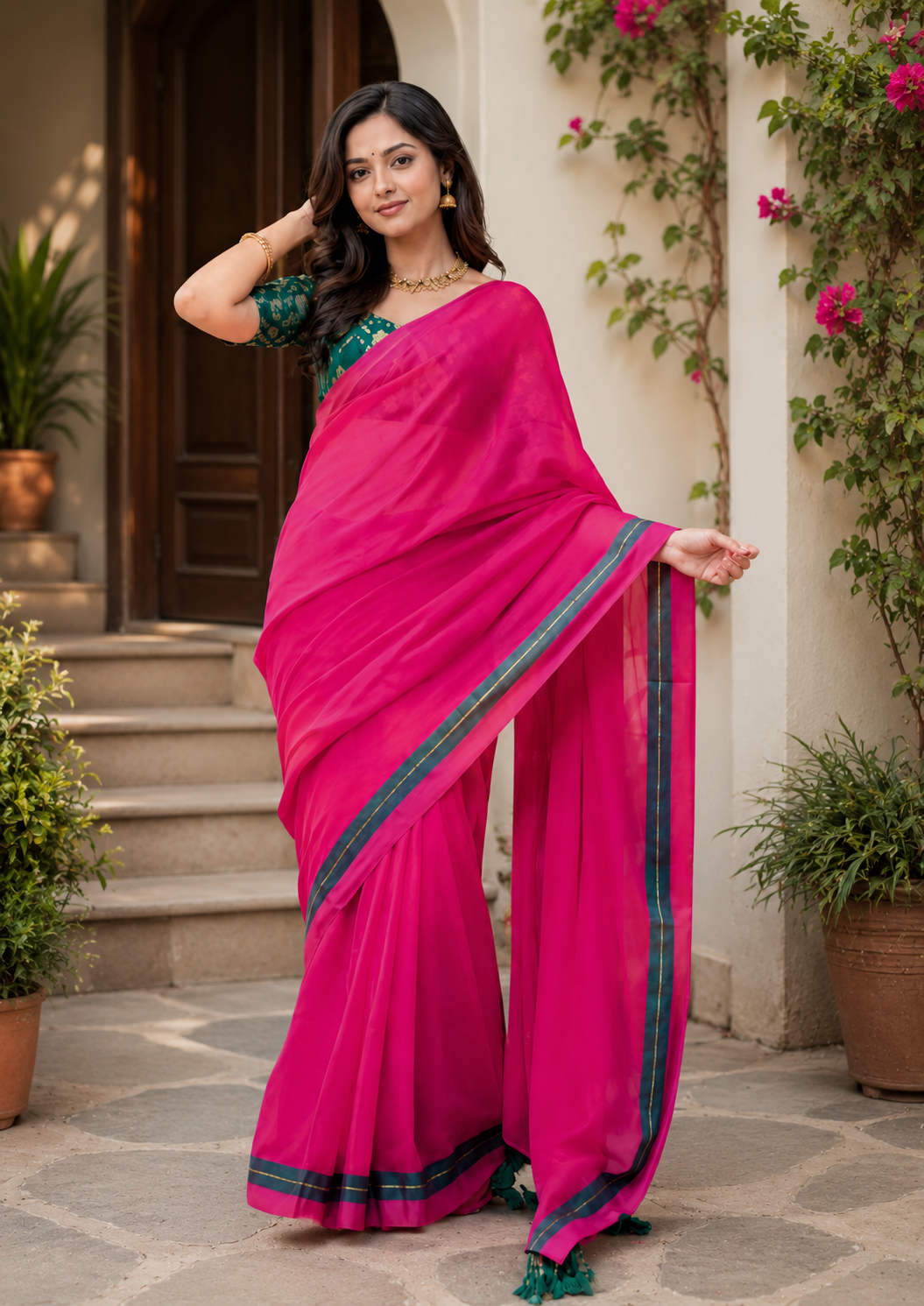 Rani Pink Cotton Saree with Contrast Zari Border and Tassels