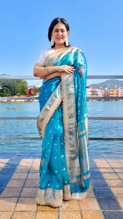 Banarasi Tissue Silk Saree with Gold Zari Buti & Heavy Lace Border