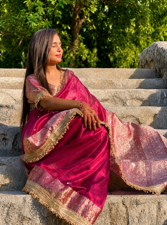 Banarasi Tissue Silk Saree with Hand Embroidered Moti Work & Heavy Lace Border