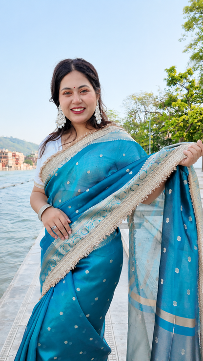 Banarasi Tissue Silk Saree with Gold Zari Buti & Heavy Lace Border