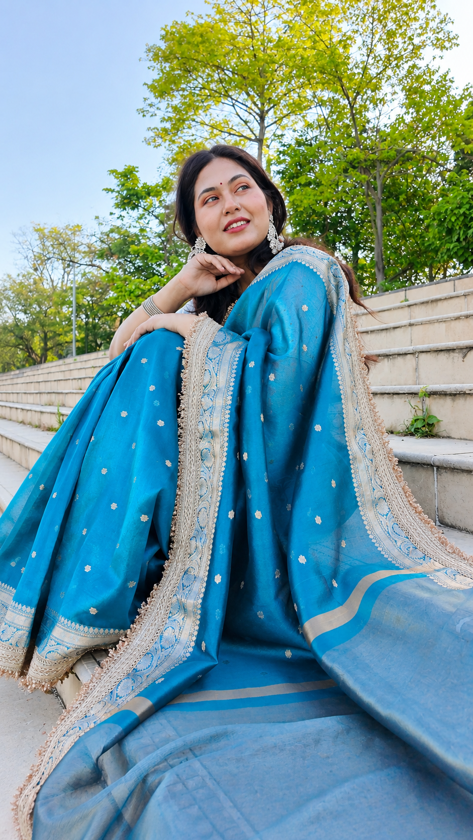 Peacock Splendour Golden Tissue Silk Saree with Gold Zari Buti & Embellished Lace Border