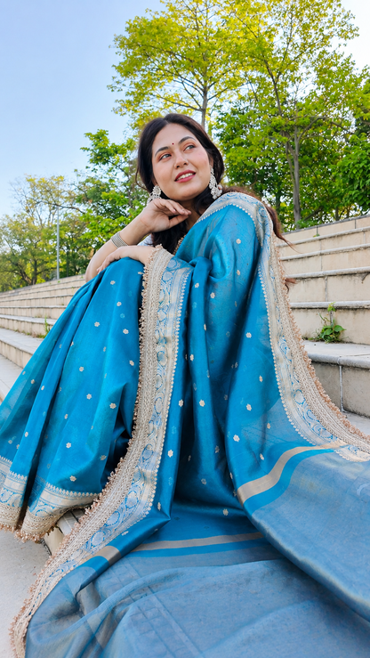 Peacock Splendour Golden Tissue Silk Saree with Gold Zari Buti & Embellished Lace Border
