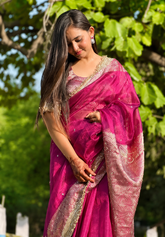 Banarasi Tissue Silk Saree with Hand Embroidered Moti Work & Heavy Lace Border