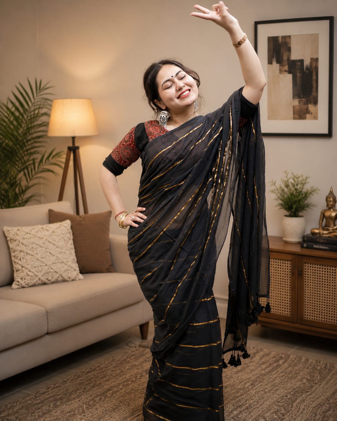 Midnight Stripe Mul Cotton Saree
