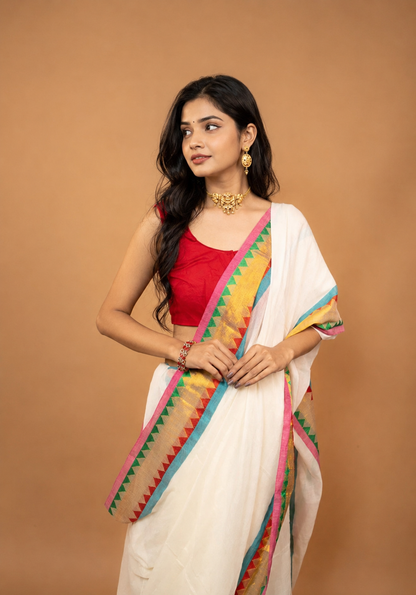 White Pure Mul Cotton Saree with Multicolor Temple Border & Gold Zari Work