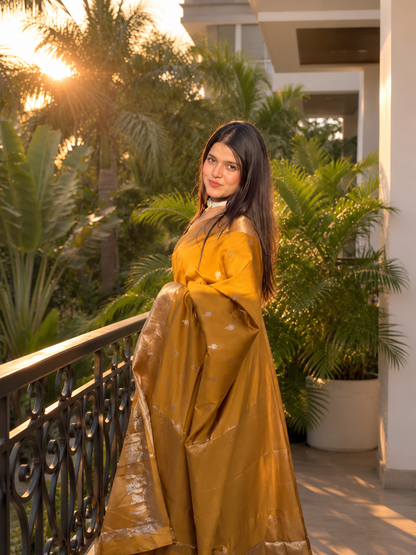 Golden Yellow Kashi Ghat Banarasi Silk Saree.