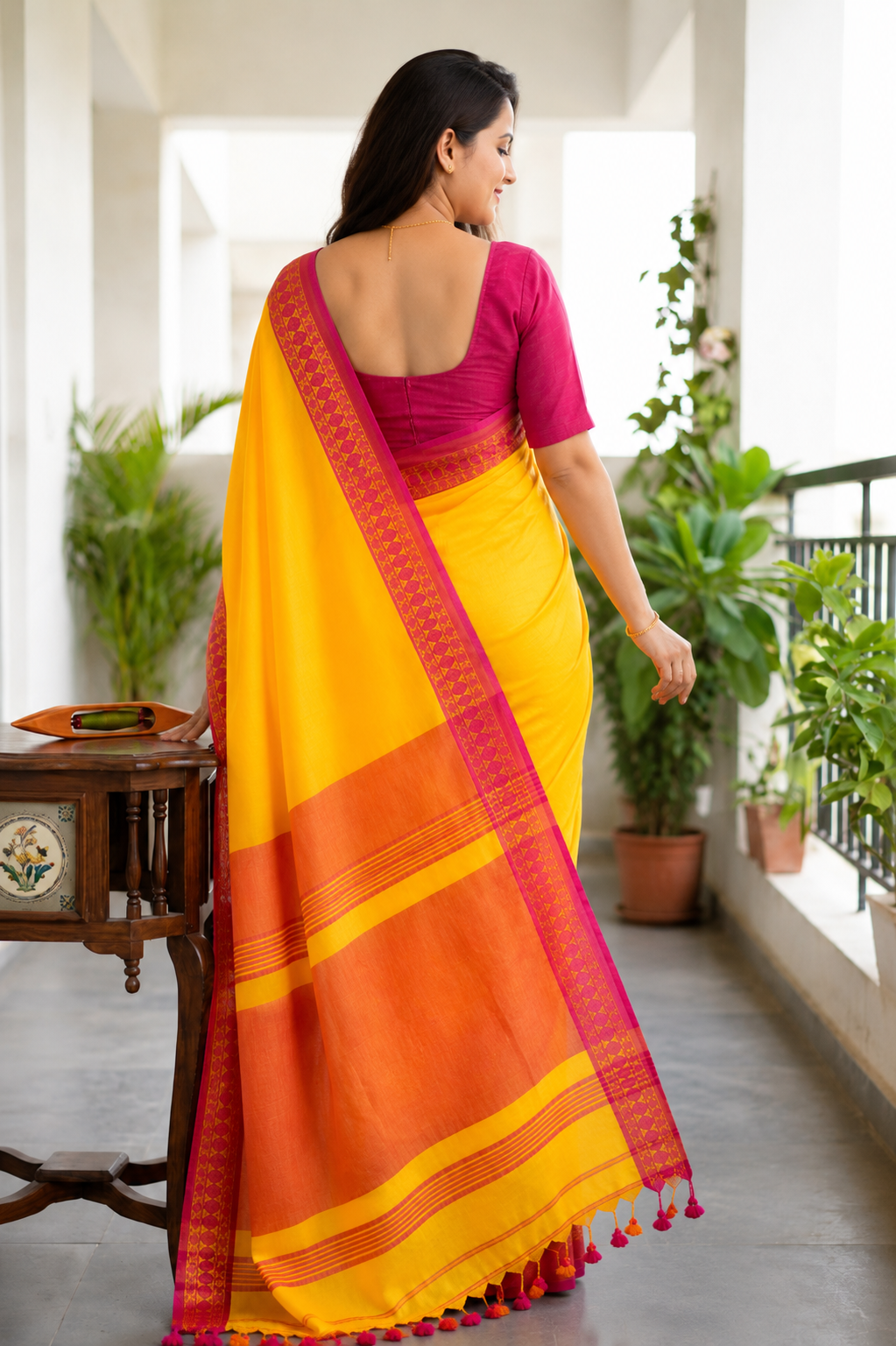 Yellow Cotton Saree with Pink Zari Border