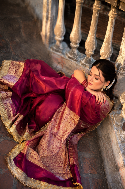 Banarasi Tissue Silk Saree with Hand Embroidered Moti Work & Heavy Lace Border