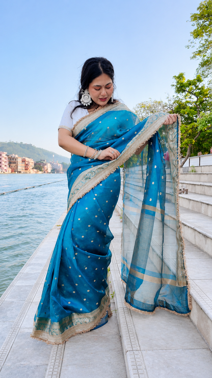 Peacock Splendour Golden Tissue Silk Saree with Gold Zari Buti & Embellished Lace Border