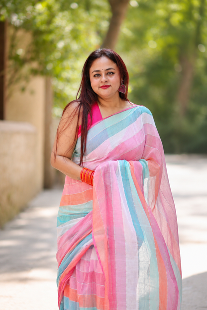 Rainbow Stripes Cotton Saree