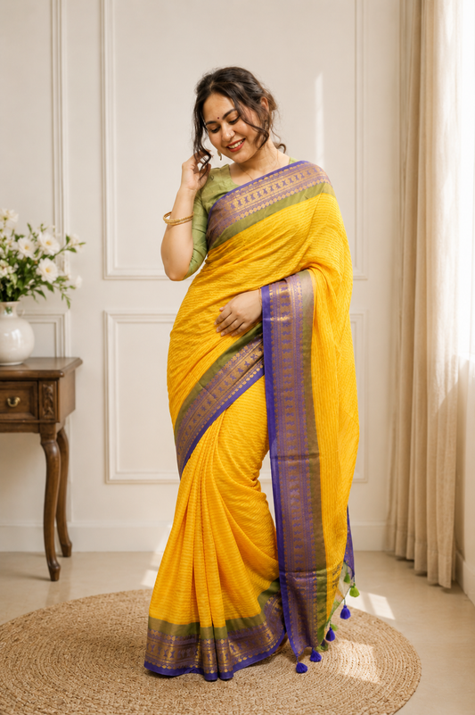 Yellow Mul Cotton Saree with Blue & Green Zari Border