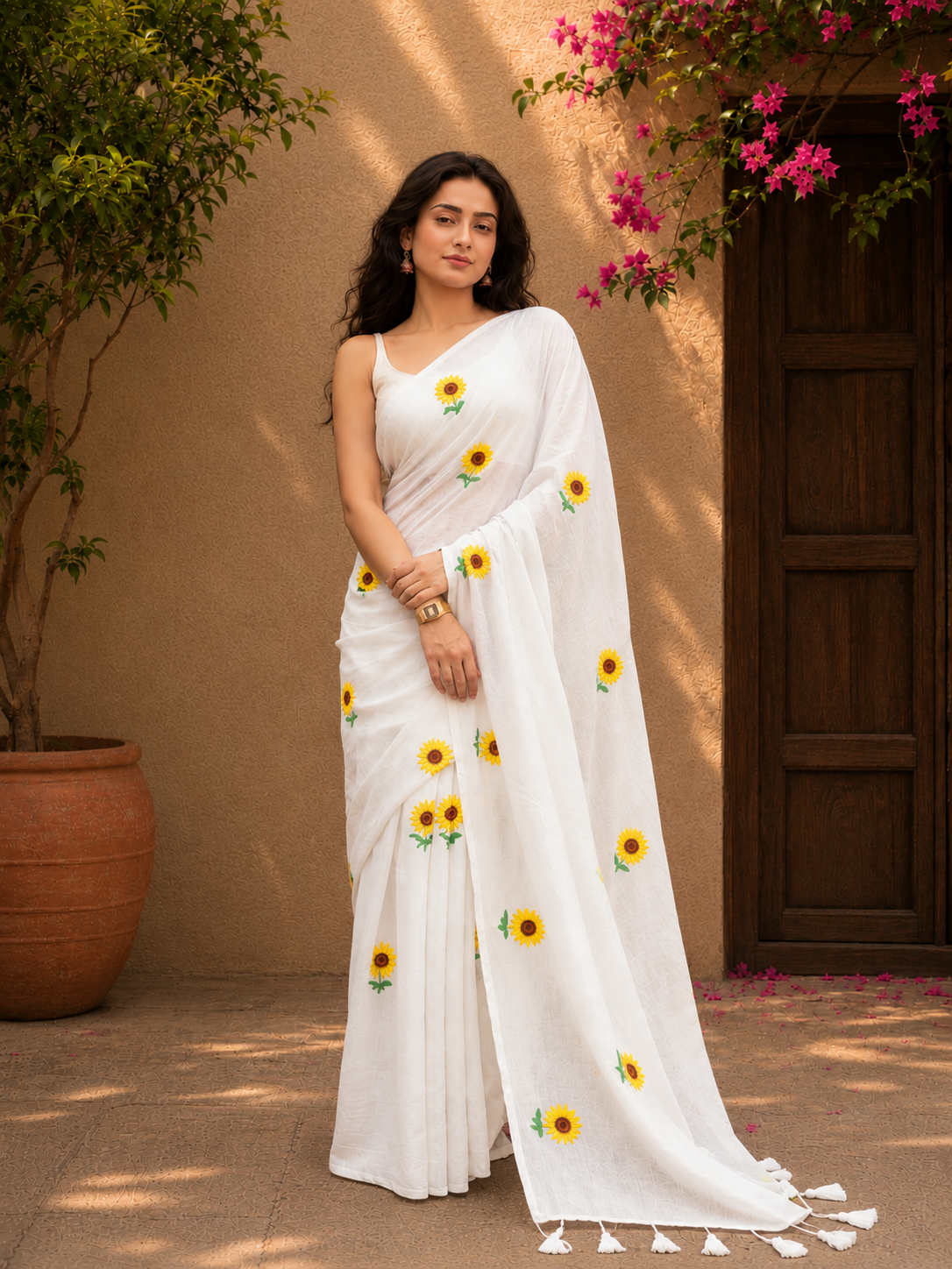Sunflower Mocha Mul Cotton Saree