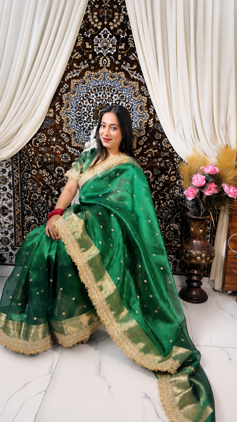 Banarasi Tissue Silk Saree with Gold Zari Buti & Heavy Lace Border