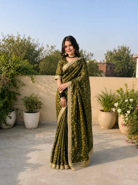 Olive Green Banarasi Tissue Saree with Gold Buti Work And Pearl Lace