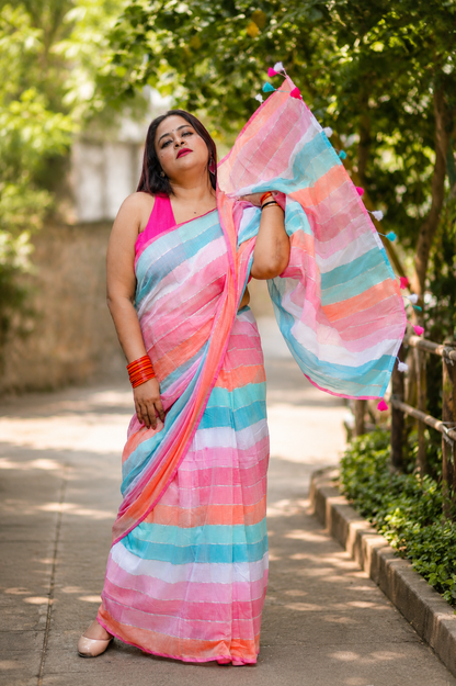 Rainbow Stripes Cotton Saree