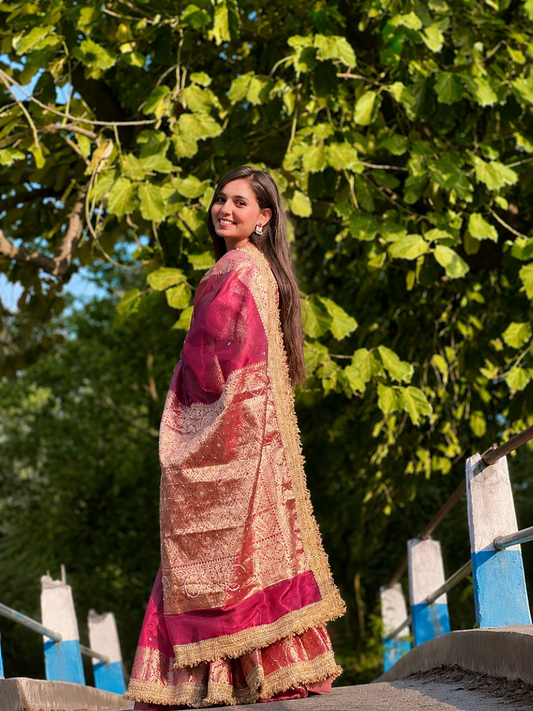 Pink Banarasi Tissue Silk Saree with Hand Embroidered Moti Work & Heavy Lace Border