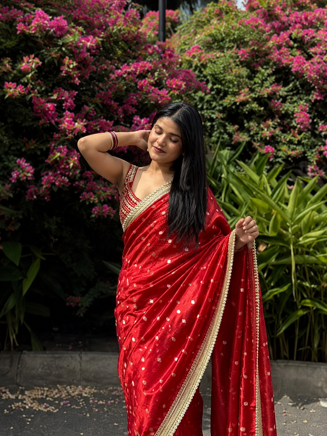 Ruby Red Banarasi Tissue Saree with Zari Buta Work And Pearl Lace