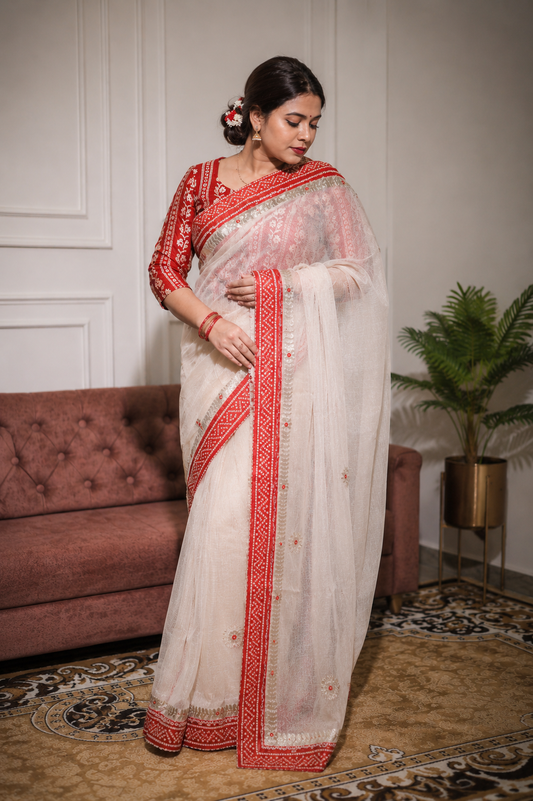 Ivory  Kota Doria Saree with Red Bandhej Border & Gotta patti Work