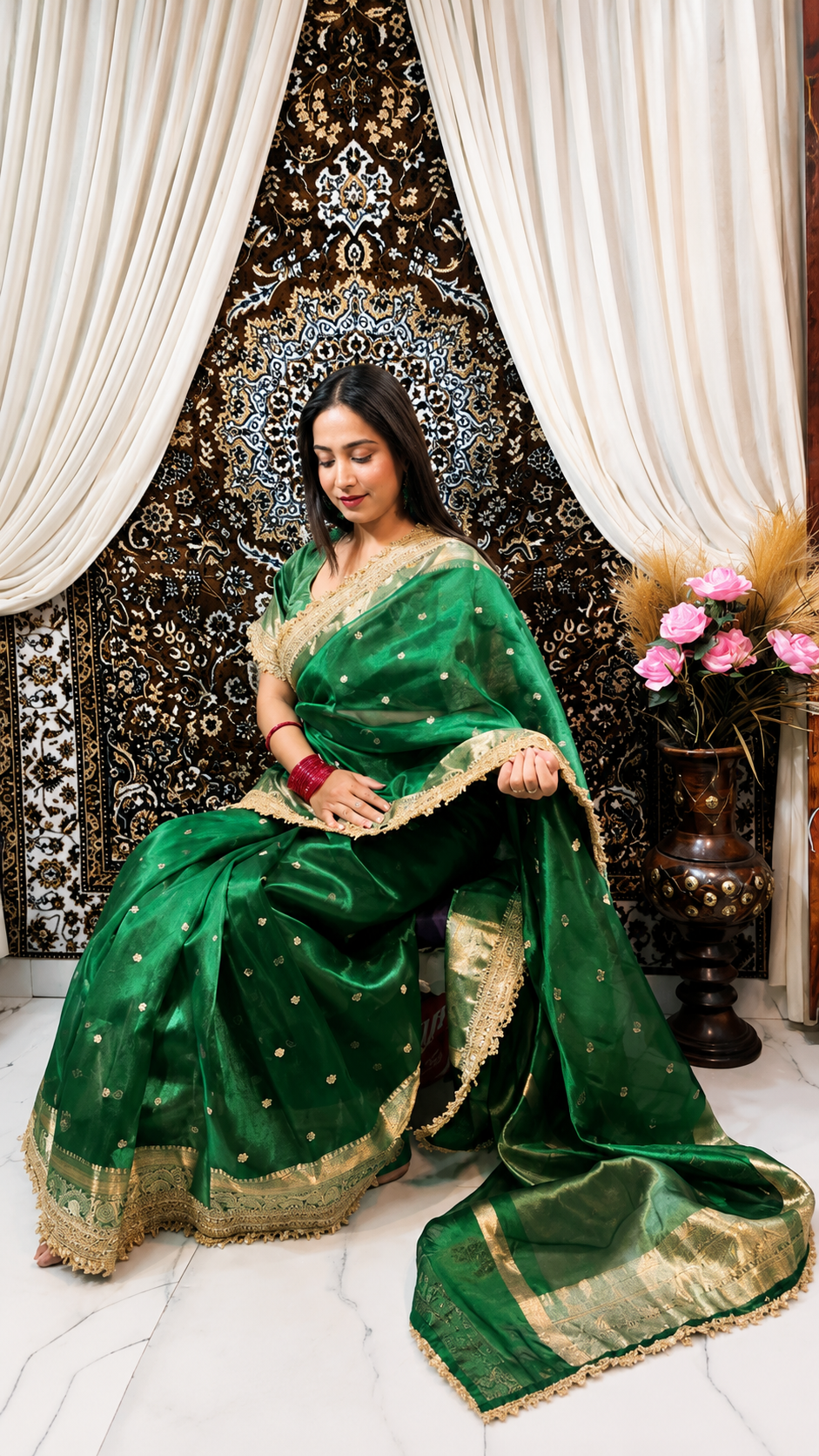 Peacock Green  Banarasi Tissue Silk Saree with Gold Zari Buti & Heavy Lace Border