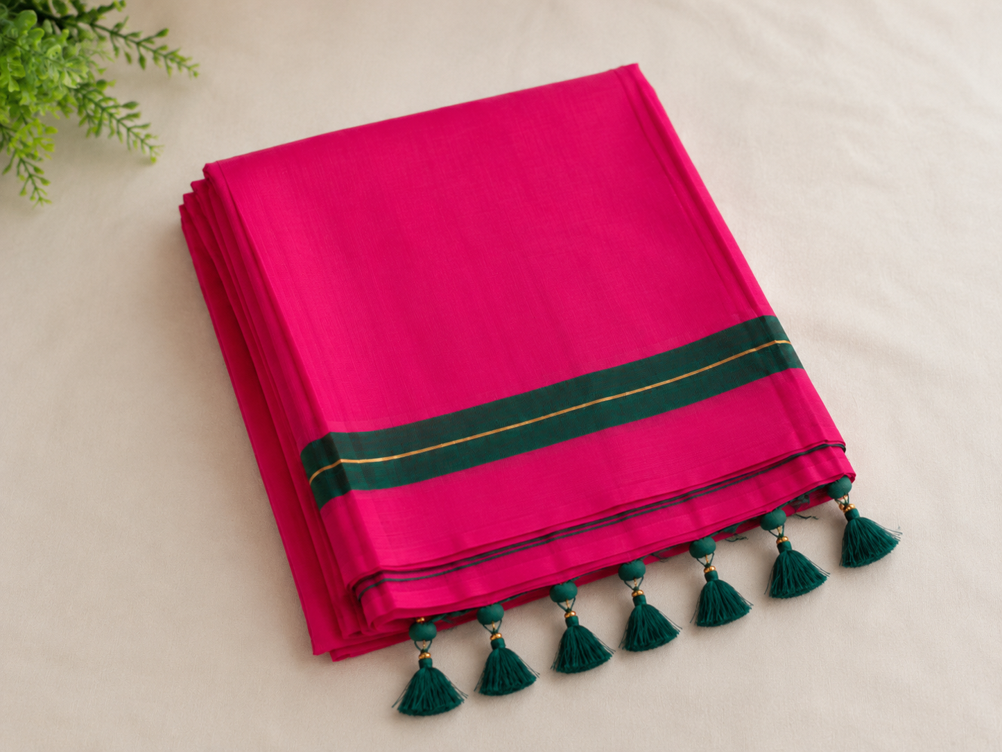 Rani Pink Cotton Saree with Contrast Zari Border and Tassels