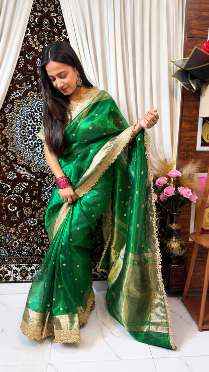 Banarasi Tissue Silk Saree with Gold Zari Buti & Heavy Lace Border