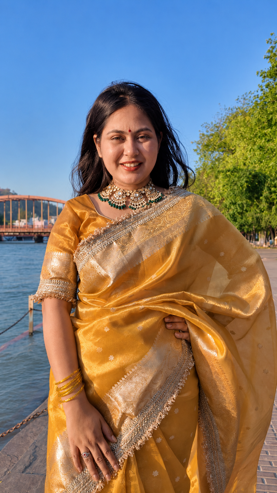 Banarasi Tissue Silk Saree with Gold Zari Buti & Heavy Lace Border