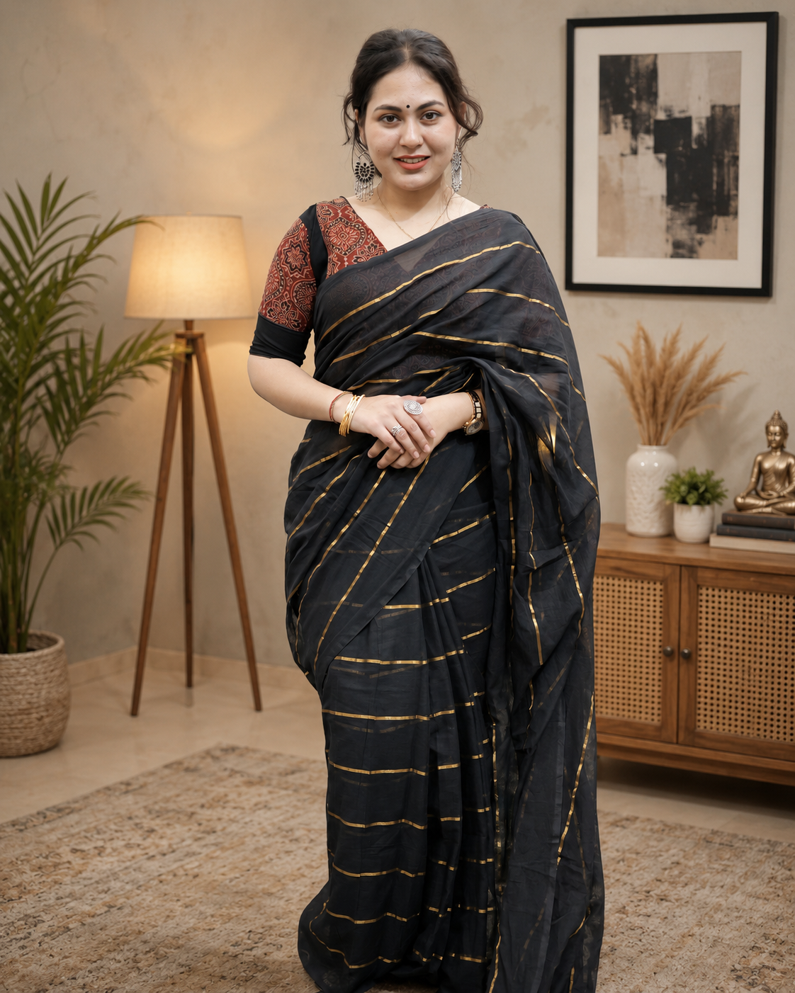 Midnight Stripe Mul Cotton Saree