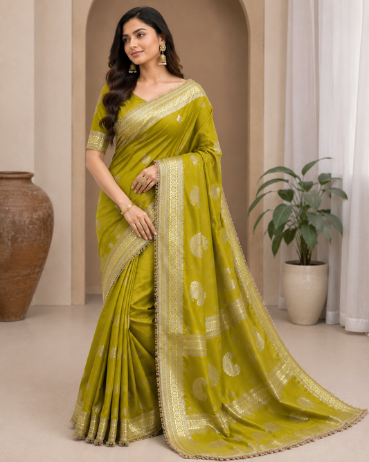Olive Gold Banarasi Katan Silk Saree