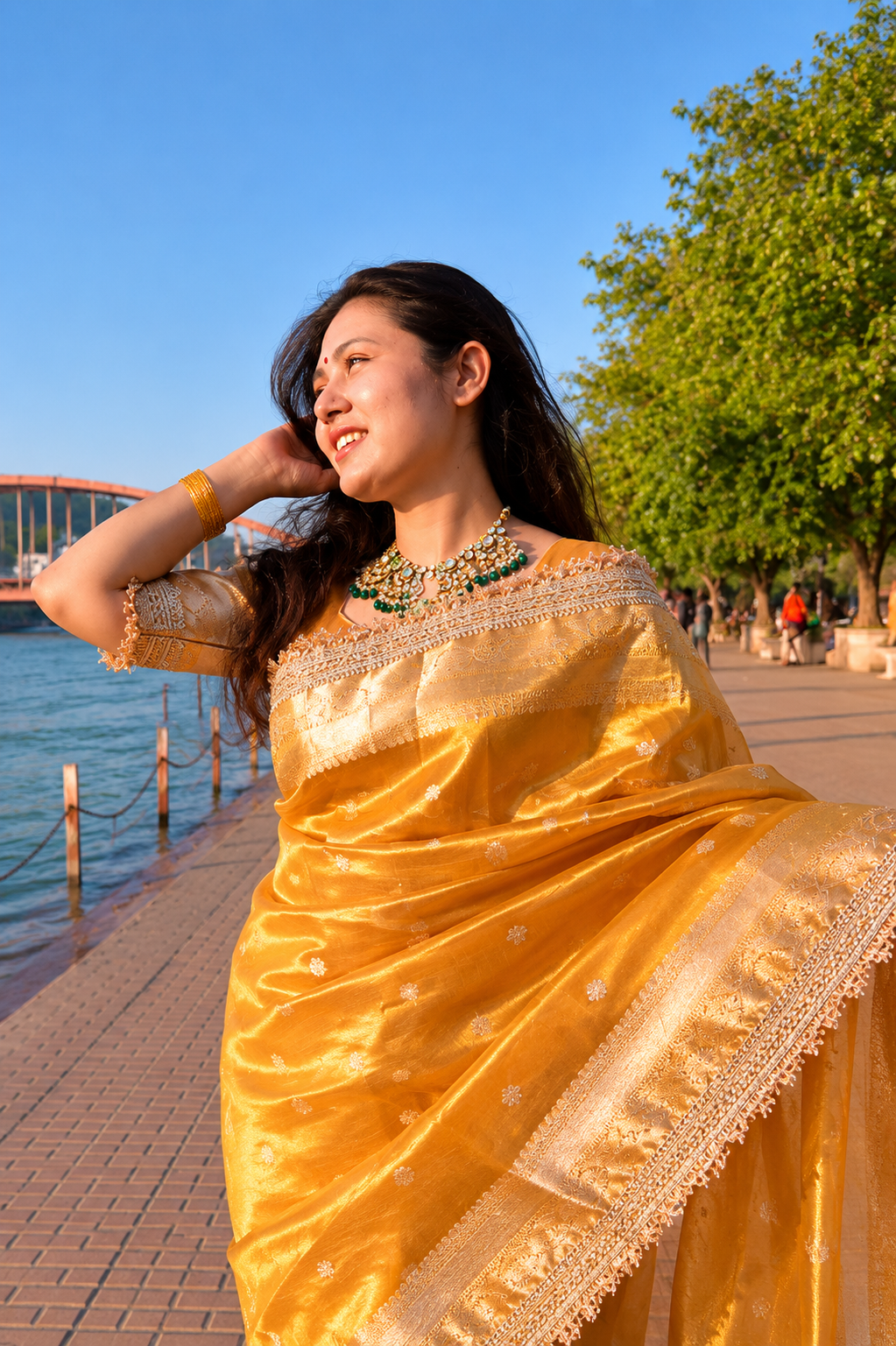 Banarasi Tissue Silk Saree with Gold Zari Buti & Heavy Lace Border