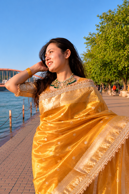 Banarasi Tissue Silk Saree with Gold Zari Buti & Heavy Lace Border