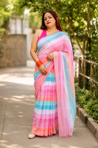 Rainbow Stripes Cotton Saree