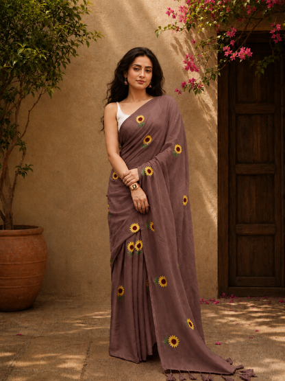 Sunflower Mocha Mul Cotton Saree