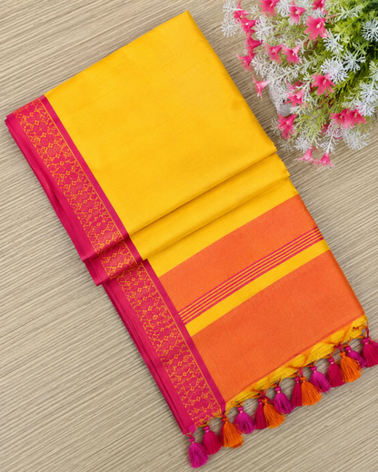 Yellow Cotton Saree with Pink Zari Border