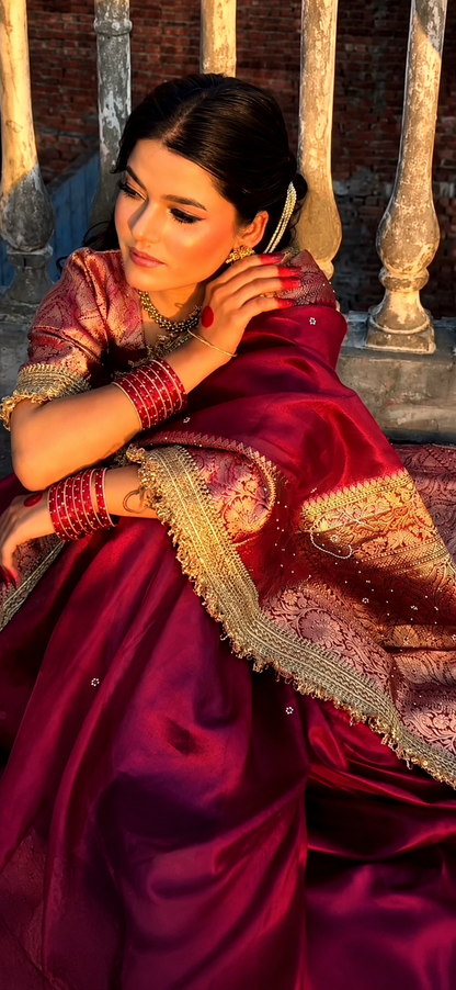 Banarasi Tissue Silk Saree with Hand Embroidered Moti Work & Heavy Lace Border