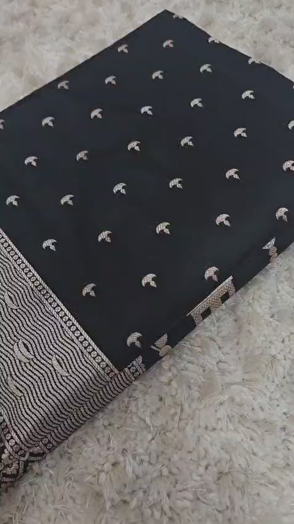 Royal Black Mashru Katan Silk Ghat Border Banarasi Saree