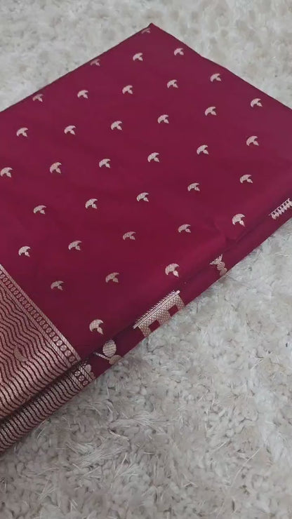 Ruby Red  Mashru Katan Silk Ghat Border Banarasi Saree