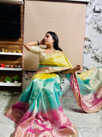 Pastel Rainbow Banarasi Tissue Silk Saree