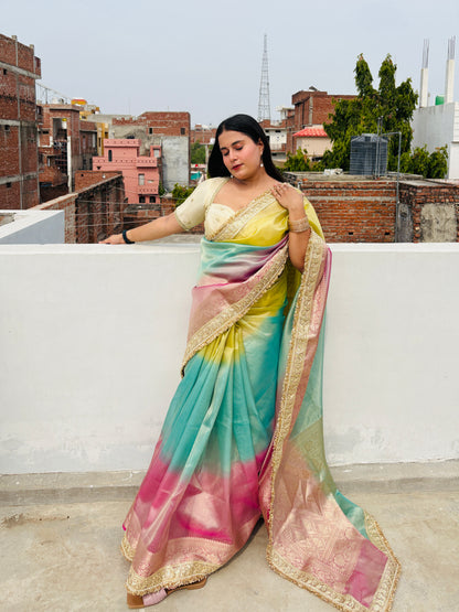 Pastel Rainbow Banarasi Tissue Silk Saree