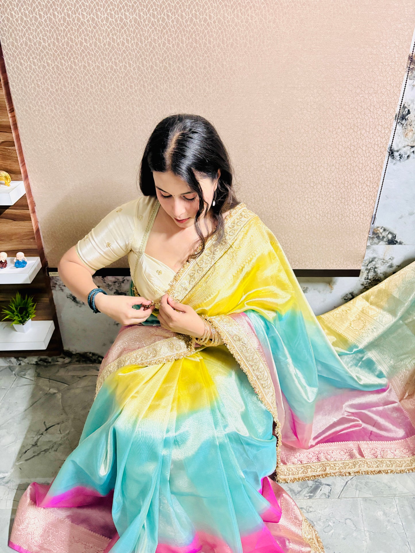Pastel Rainbow Banarasi Tissue Silk Saree
