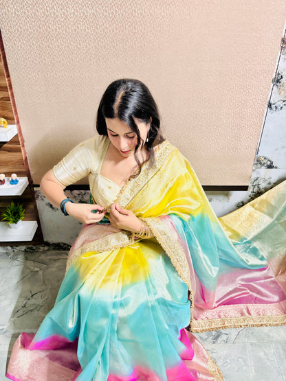 Pastel Rainbow Banarasi Tissue Silk Saree